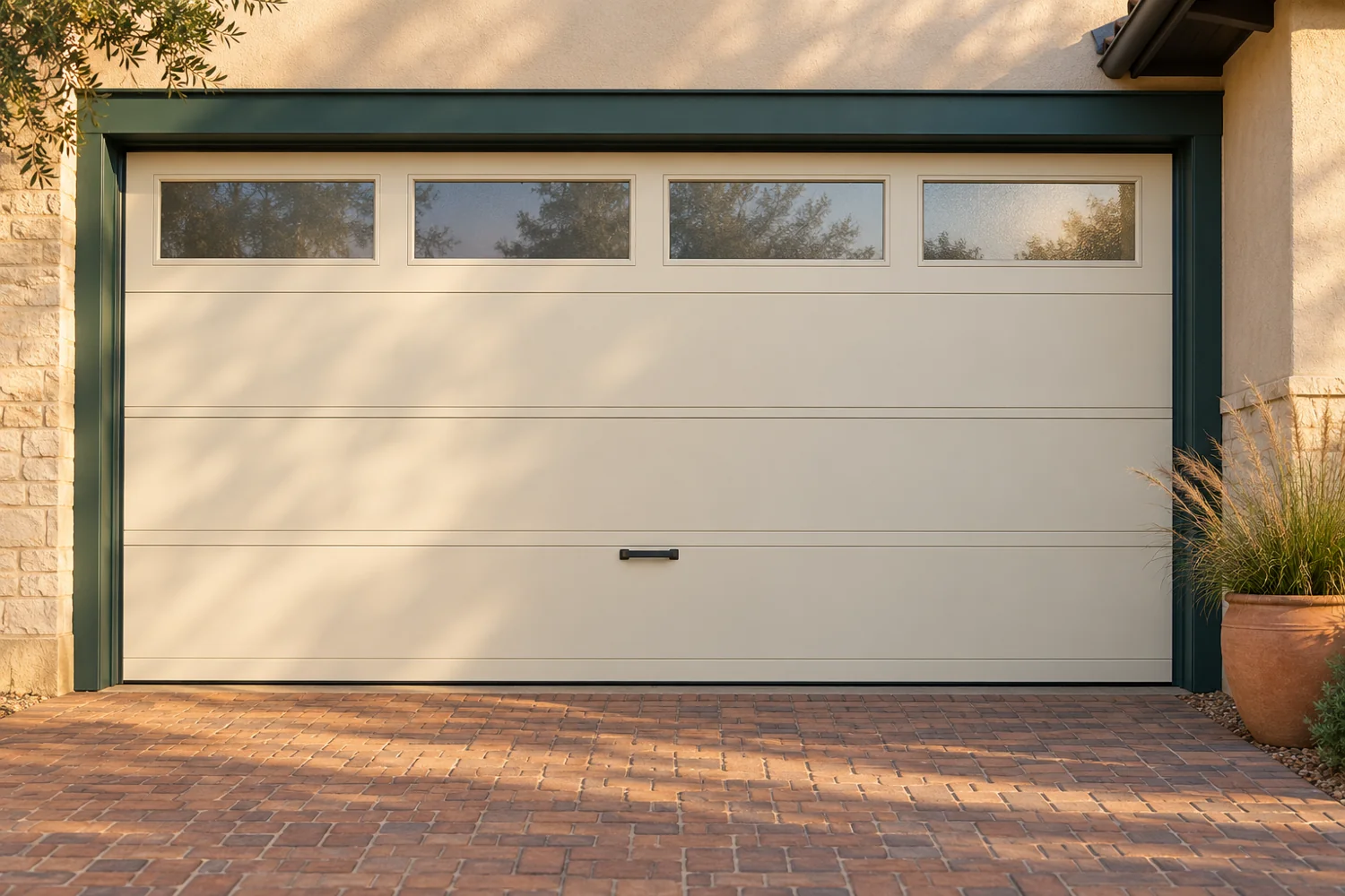 Illustrative residential garage door with horizontal panels and windows